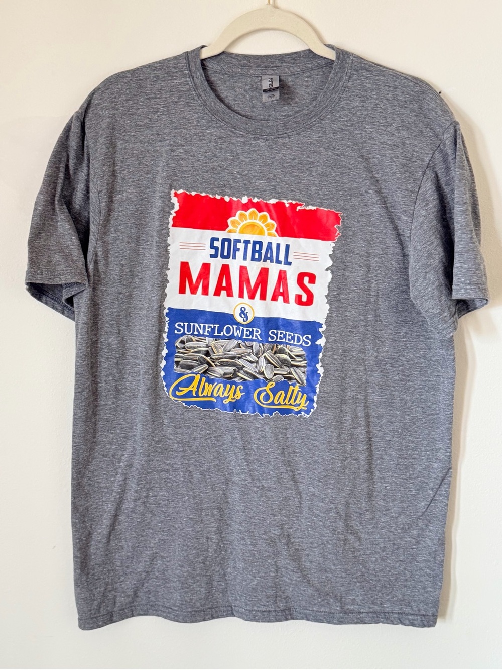 Gildan Gray Short Sleeve Tee with Red, Blue & Yellow Softball Mamas Graphic